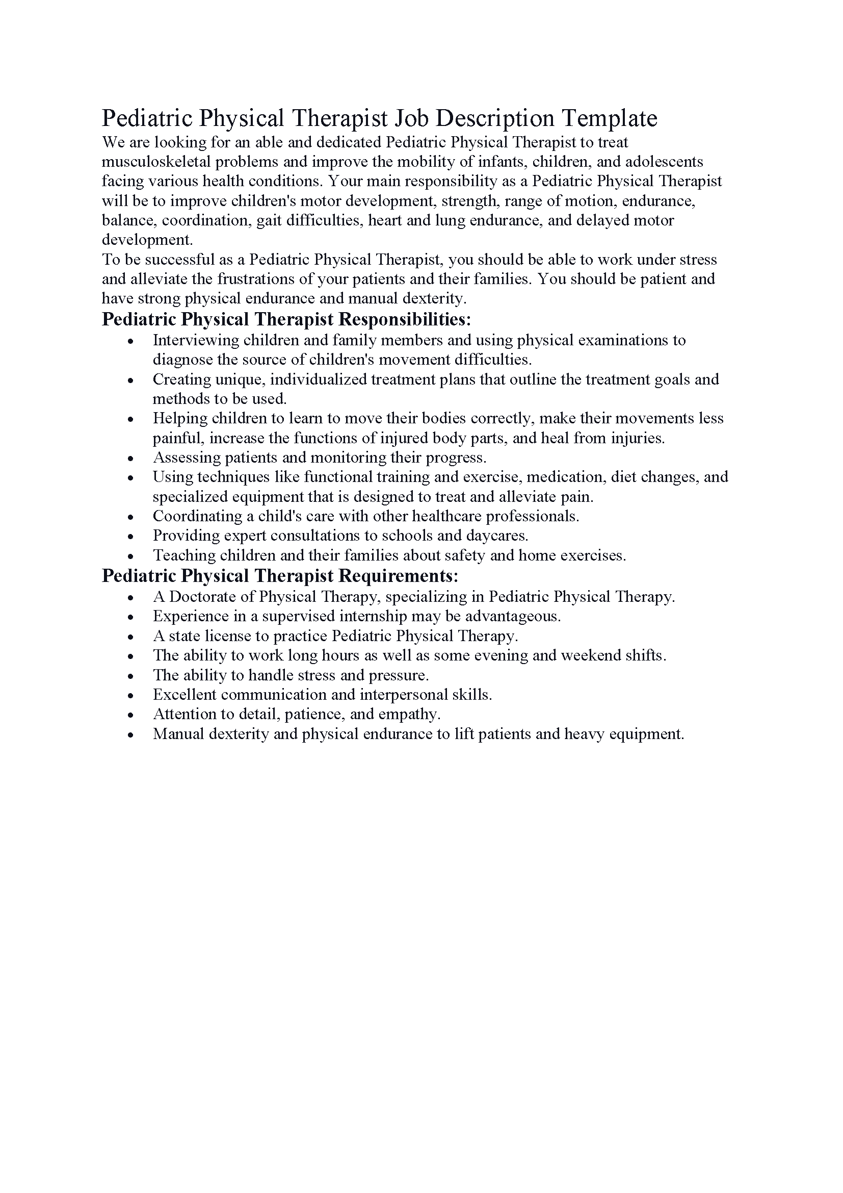 Pediatric Physical Therapist Job Description Template